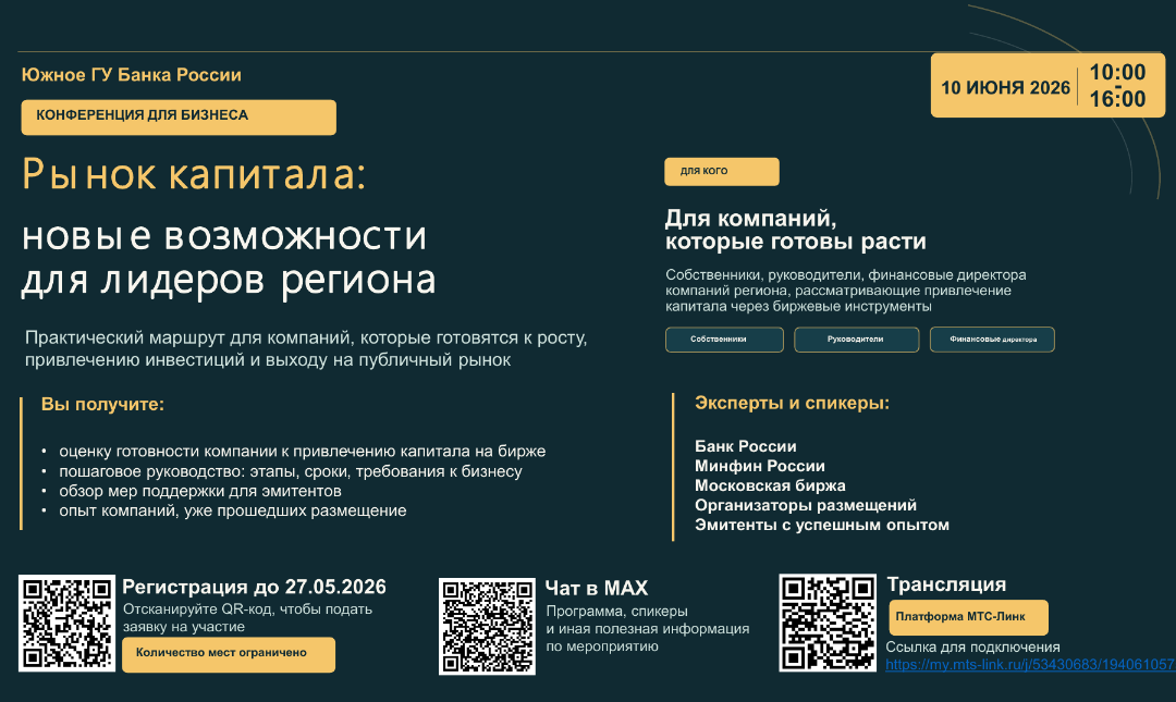 10 июня 2026 года Южным ГУ Банка России проводится конференция«Рынок капитала: новые возможности для лидеров региона», для предпринимателей Южного и Северо-Кавказского федеральных округов